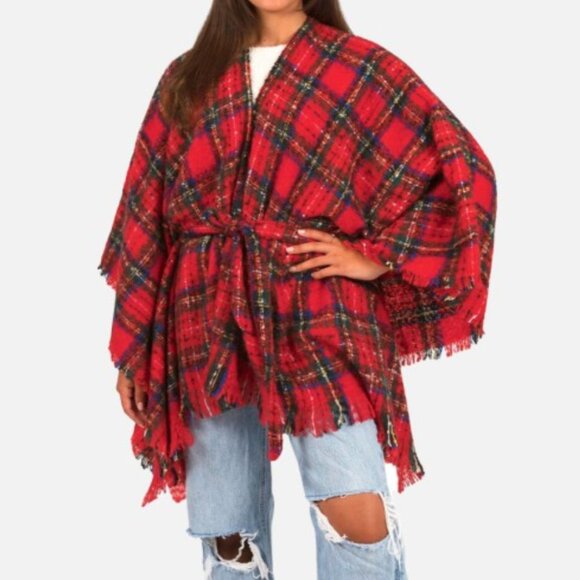 Sweaters - NWT Red Plaid Soft Knit Ruana Wrap Shawl with Tie Belt & Fringe Detail | Cozy